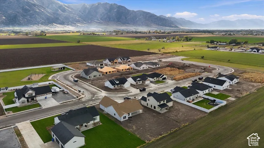 Aerial perspective of a residential community featuring asphalt paved streets, concrete driveways, manicured sod lawns, and mountain scenery