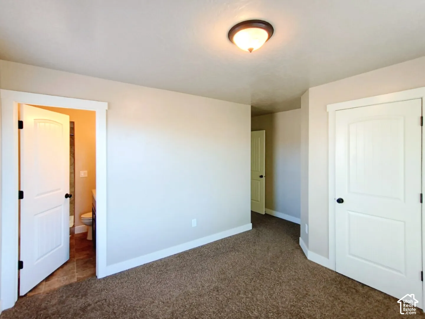 Neutral-toned walls, carpeted flooring, two-panel interior doors with matte black hardware, and a flush-mount ceiling light fixture