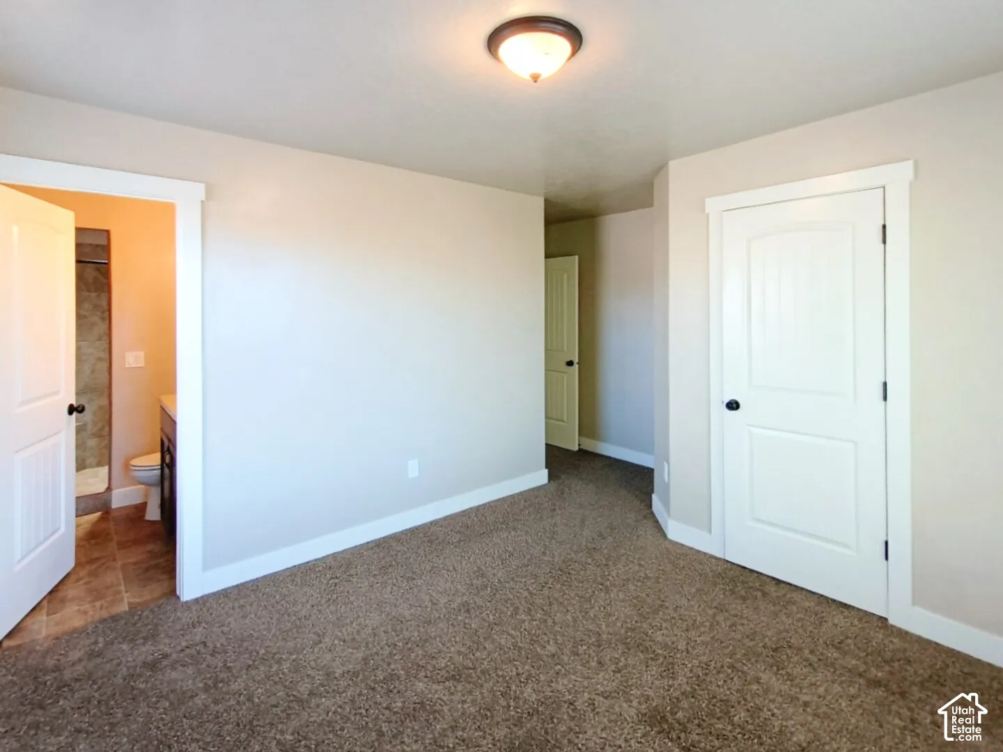 Neutral-toned walls, wall-to-wall carpeting, two-panel interior doors with matte black hardware, and flush-mount overhead lighting