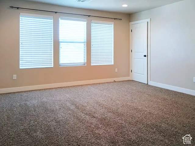 Neutral wall palette, wall-to-wall carpeting, three-pane window assembly with horizontal blinds, and a single-panel interior door