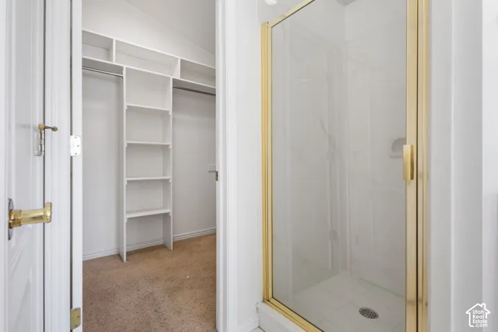 Walk-in closet featuring floor-to-ceiling custom shelving and built-in garment rods, paired with a shower enclosure featuring gold-tone framing, tiled walls, and recessed shelving