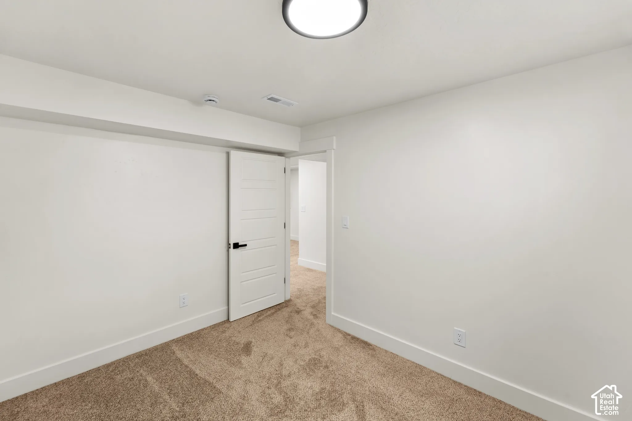 Neutral wall tones paired with neutral-toned carpeting, featuring a multi-panel door with matte black hardware and a modern flush-mount light fixture