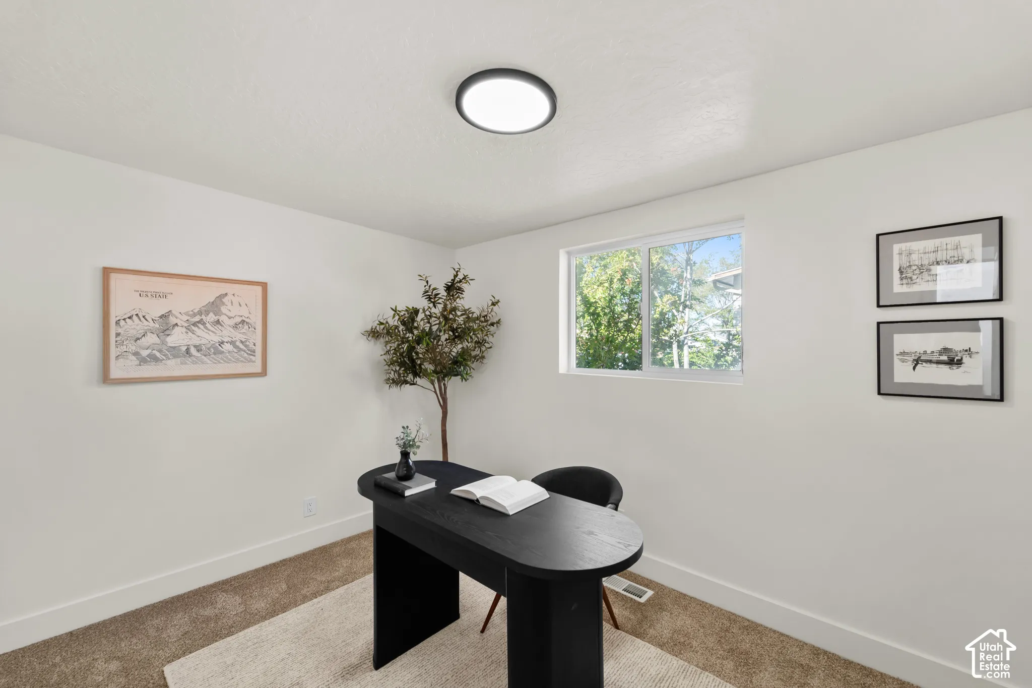 Neutral-toned carpeting, minimalist round flush-mount ceiling lighting, and a dual-pane sliding window