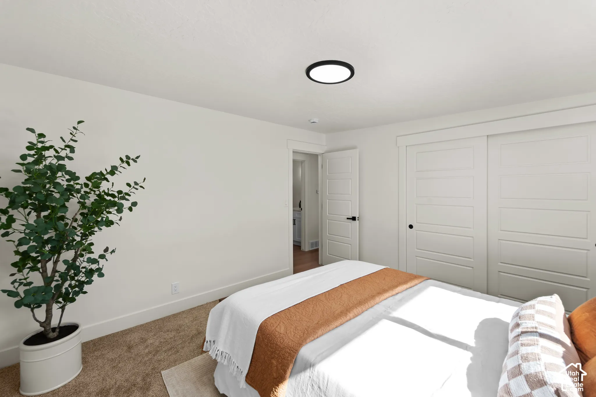 Neutral interior featuring crisp white walls, carpeted flooring, a circular flush-mount ceiling light, and white five-panel doors with matte black hardware