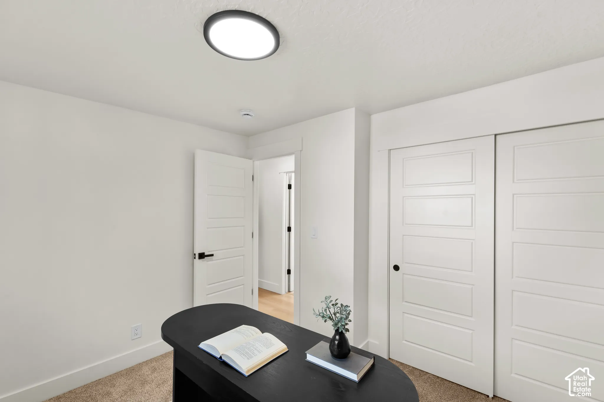 Neutral interior featuring five-panel doors with matte black hardware, wall-to-wall carpeting, and a flush-mount circular LED light fixture