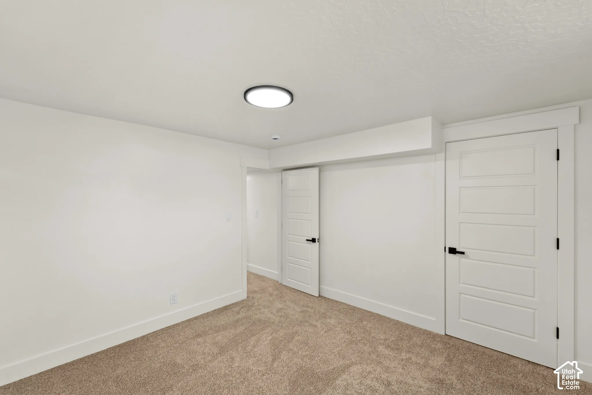 Neutral-toned wall-to-wall carpeting, five-panel interior doors, matte black hardware, and a flush-mount LED ceiling fixture