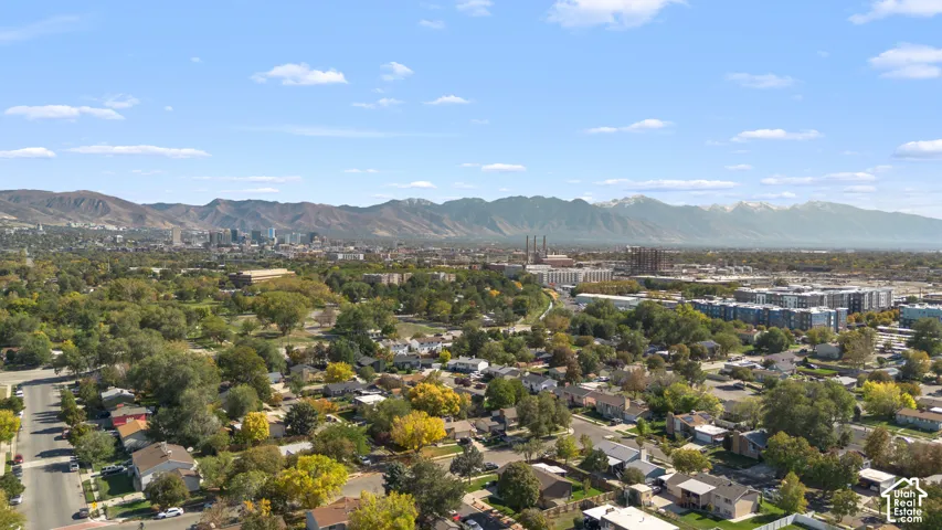 Aerial perspective featuring an expansive cityscape, mature tree-lined residential streets, and a prominent mountain range backdrop