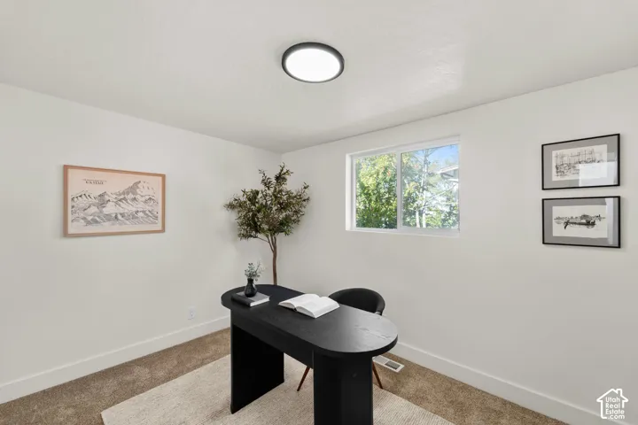 Neutral-toned carpeting, minimalist round flush-mount ceiling lighting, and a dual-pane sliding window