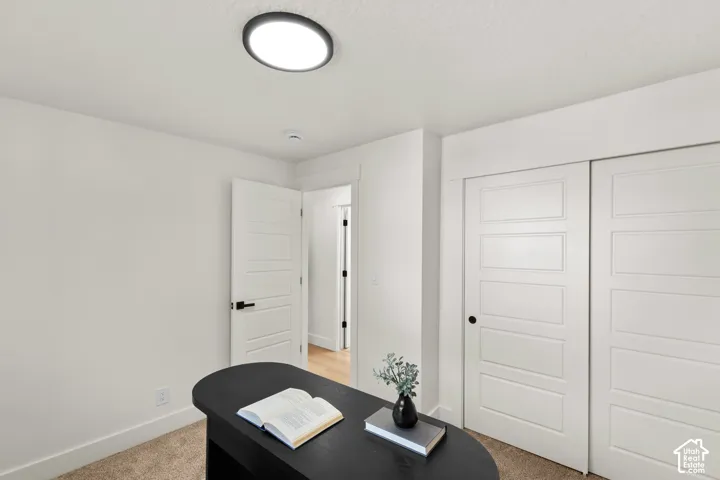 Neutral interior featuring five-panel doors with matte black hardware, wall-to-wall carpeting, and a flush-mount circular LED light fixture