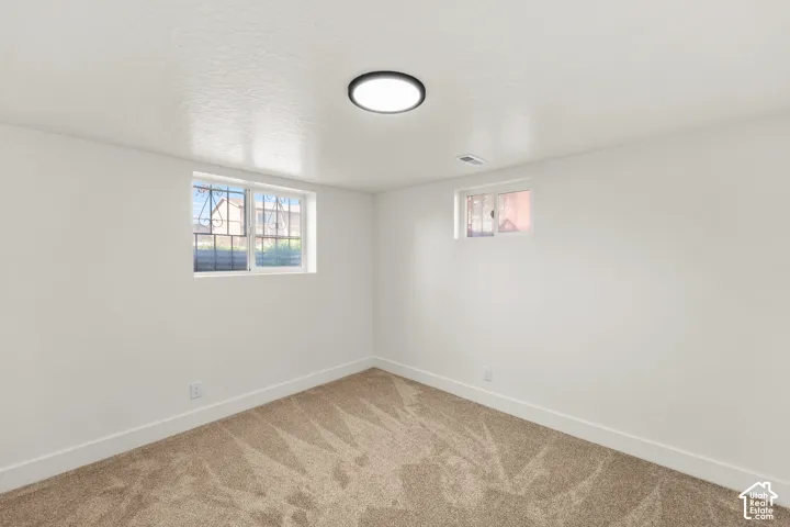 Interior space featuring neutral-toned carpeting, white walls, flush-mount circular lighting, and dual windows with security grilles