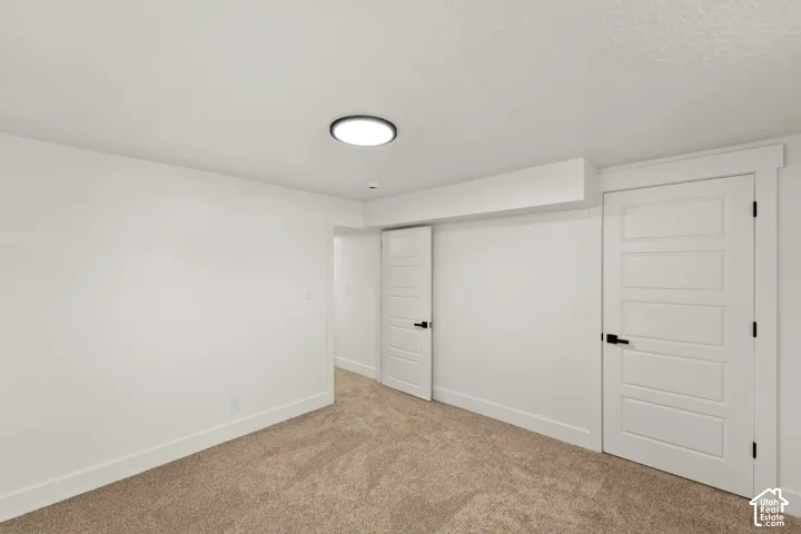 Neutral-toned wall-to-wall carpeting, five-panel interior doors, matte black hardware, and a flush-mount LED ceiling fixture