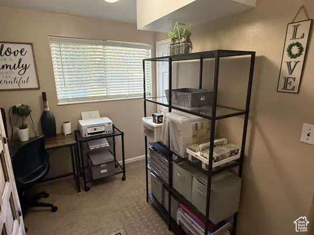 Room featuring neutral-toned walls, carpeted flooring, and a horizontal window with installed blinds