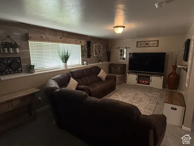 Living space featuring a wood-plank accent wall, window casing, and carpet flooring