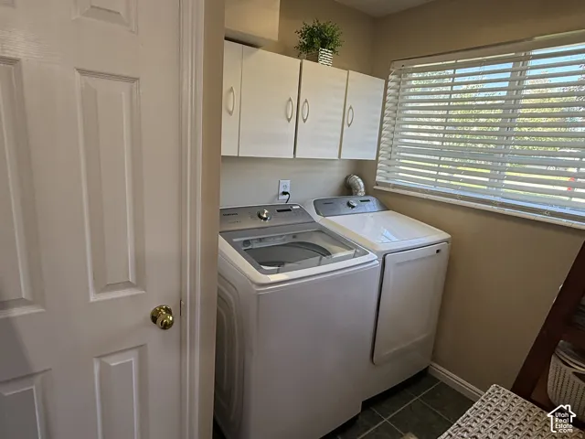 Laundry space featuring white wall-mounted cabinetry, a horizontal window with adjustable blinds, and dark tile flooring