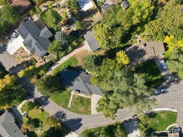 Aerial perspective of a residential property featuring an asphalt shingle roof, concrete driveway, attached garage, and mature tree canopy on a lot with landscaped lawn