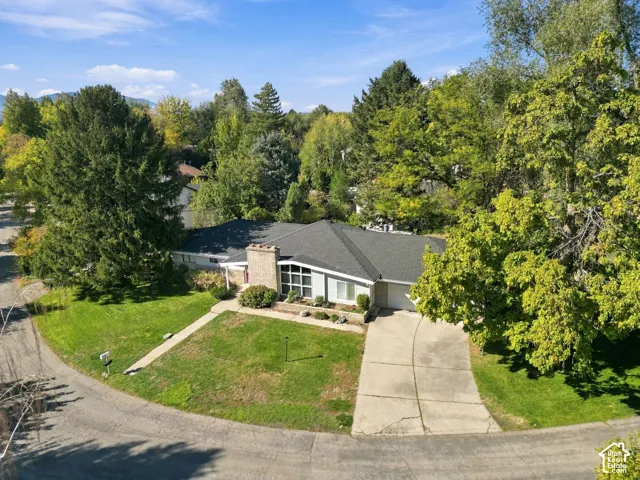 Single-story residence featuring a shingled roof, exterior masonry chimney, concrete driveway, and expansive lawn with mature trees