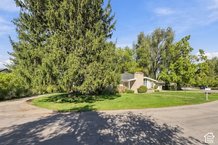 Exterior of home featuring masonry siding, a chimney, mature coniferous and deciduous trees, and a manicured lawn