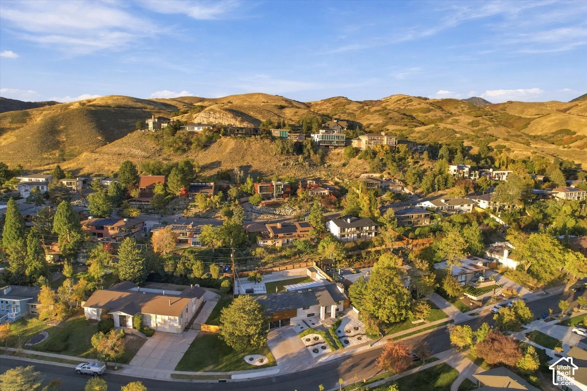 Aerial perspective of a hillside residential area featuring multi-level dwellings, mature deciduous trees, paved thoroughfares, and a prominent mountain backdrop