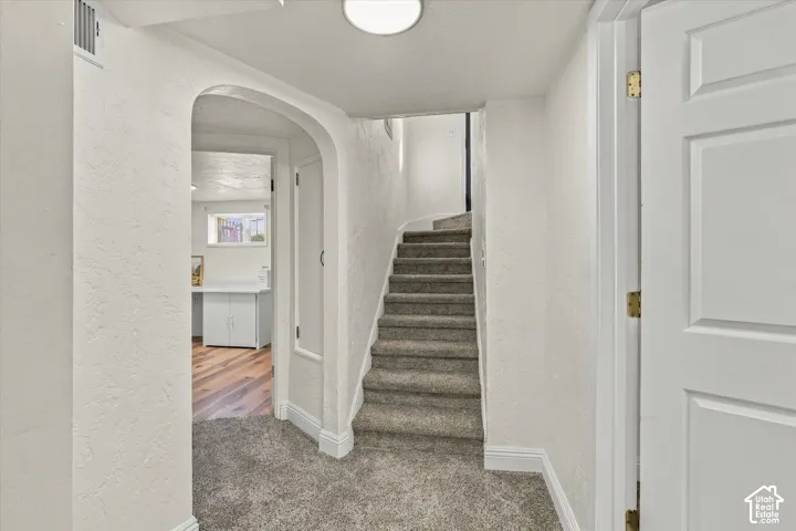 Staircase featuring carpeted steps, arched doorway, and textured wall finish