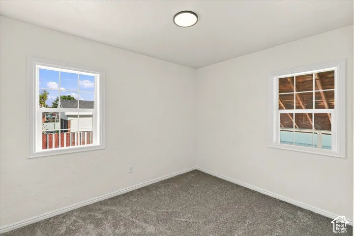 Neutral-toned carpeted flooring, two double-hung windows with white frames, and a flush-mount circular ceiling fixture