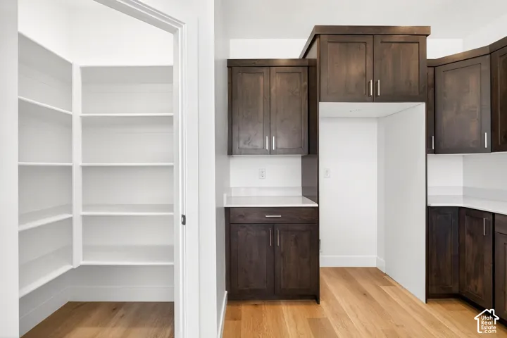 Walk-in pantry with multi-tier shelving, dark wood-finish cabinetry, light-toned stone-finish countertops, and wood-finish flooring