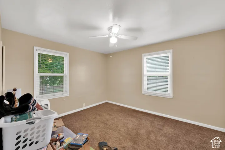 Neutral-toned walls with high-pile carpet flooring, dual windows with integrated blinds, and a white ceiling-mounted fan with light fixture