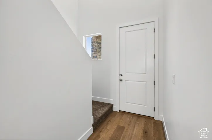Entryway featuring wood-finish flooring, high ceilings, a solid core white door, carpeted stairs, and a decorative stone-finish window accent