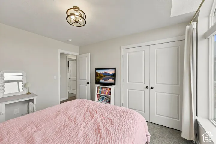 Neutral-toned room featuring a multi-light drum flush-mount fixture, two-panel interior doors, double-door closet, and large pane window