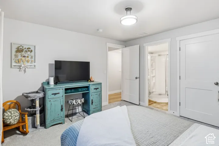 Basement bedroom. Neutral-toned interior featuring wall-to-wall carpeting, two-panel shaker-style interior doors, and a central semi-flush mount light fixture