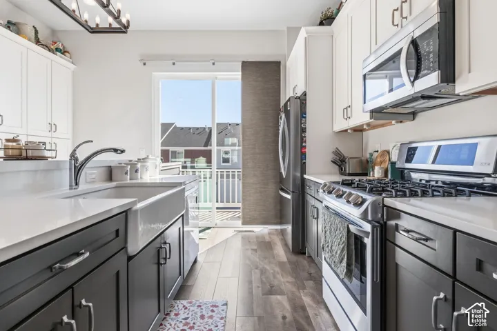 Kitchen featuring white cabinetry, farmhouse sink with gooseneck faucet, quartz countertops, stainless steel appliances, and wood-finish flooring
