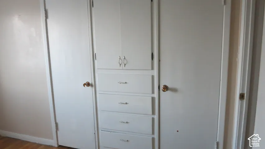 Built-in floor-to-ceiling storage featuring white cabinetry, four integrated drawers, and metal hardware