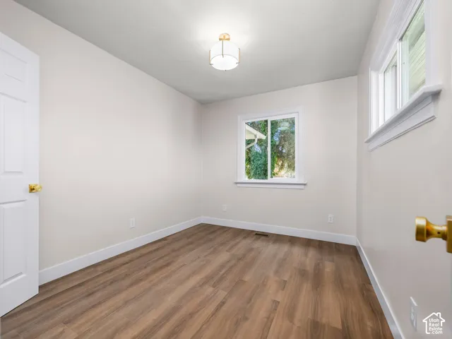 Neutral-toned interior room featuring wood-finish flooring, two dual-pane windows with white trim, a multi-panel door with brass-finish hardware, and a semi-flush mount drum light fixture