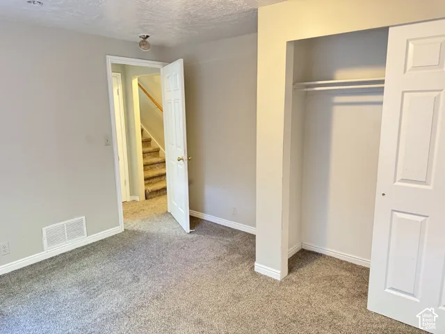 Neutral-toned interior space featuring carpeted flooring, a recessed closet with built-in shelving, and a six-panel interior door