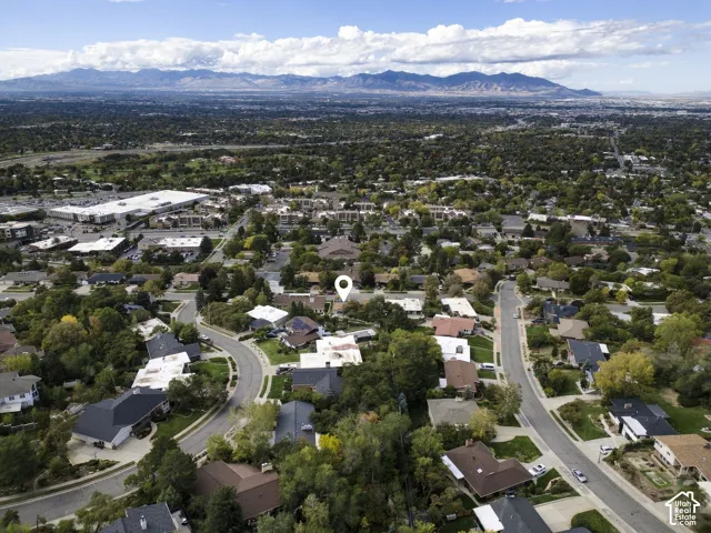 Aerial perspective featuring a mature residential neighborhood with extensive tree canopy and a prominent mountain range backdrop