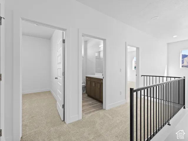 Neutral-toned carpeting, wood-finish cabinetry, metal stair railing, and multi-panel interior doors