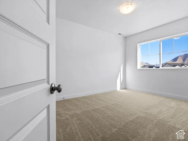 Neutral-toned wall-to-wall carpeting, white interior walls, large horizontal sliding window, mountain backdrop, and central ceiling-mounted light fixture