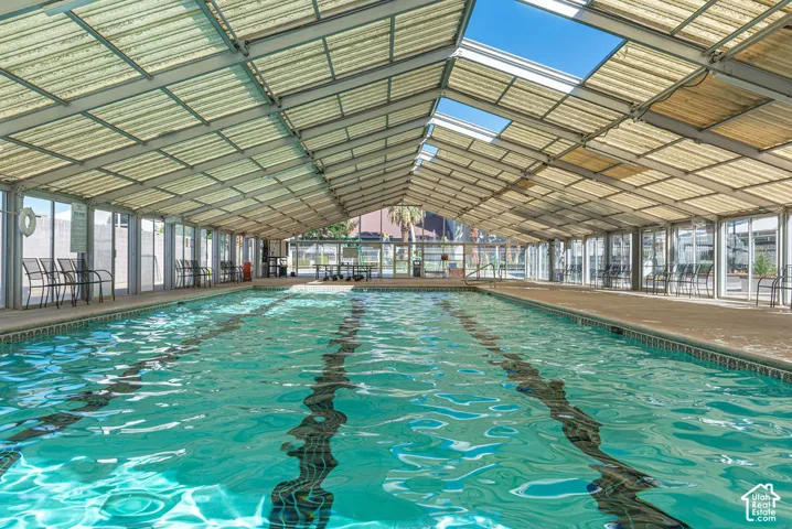 Covered swimming pool with multiple skylights and full-height windows