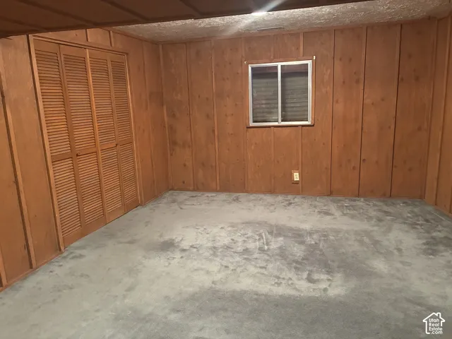 Interior room featuring wood-paneled walls, carpeted flooring, and built-in louvered-style closet doors