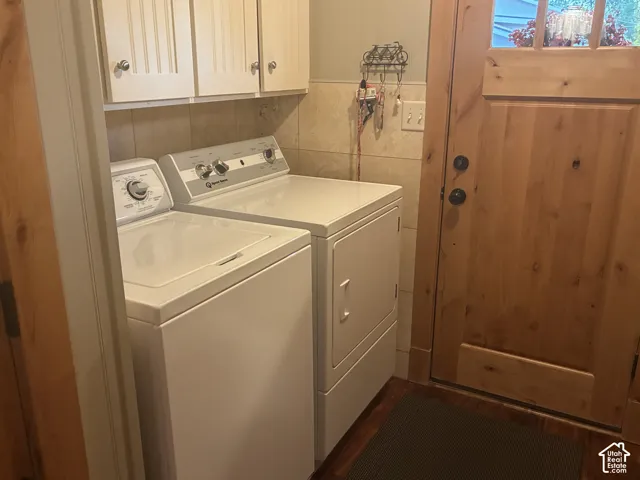 Laundry space featuring beadboard-style cabinetry, natural stone tile backsplash, wood-finish flooring, and a solid wood door with inset glass paneling