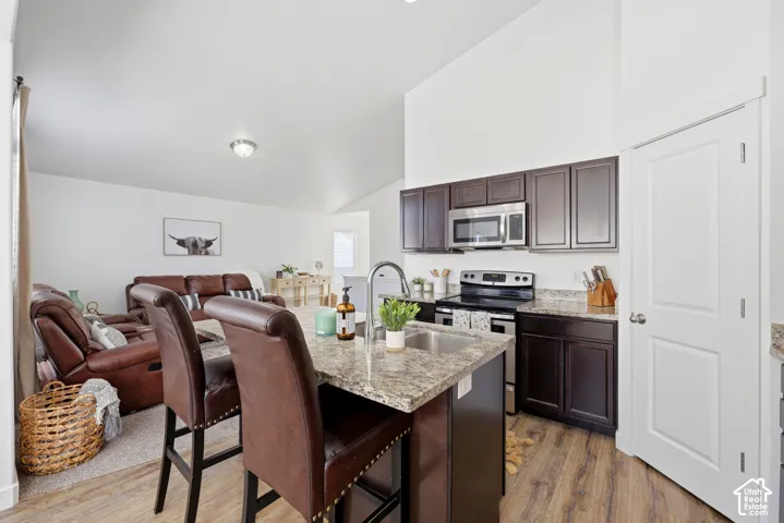 Kitchen featuring dark wood cabinetry, stone-patterned countertops, stainless steel appliances, a center island with a dual-basin sink, and wood-finish flooring