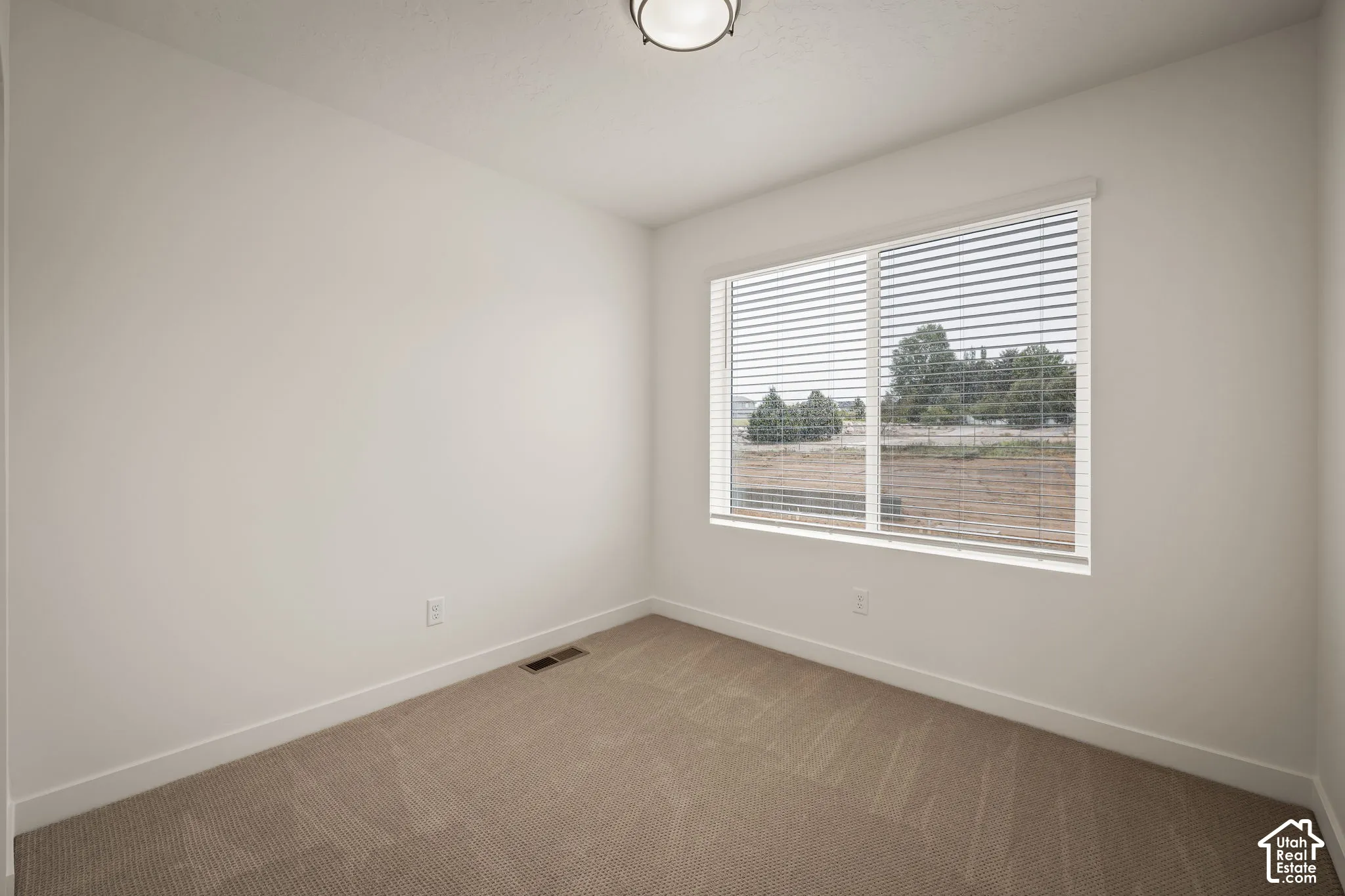 Neutral-toned interior space featuring wall-to-wall carpeting, a large window with horizontal blinds, and a circular flush-mount ceiling light