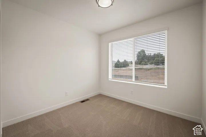 Neutral-toned interior space featuring wall-to-wall carpeting, a large window with horizontal blinds, and a circular flush-mount ceiling light