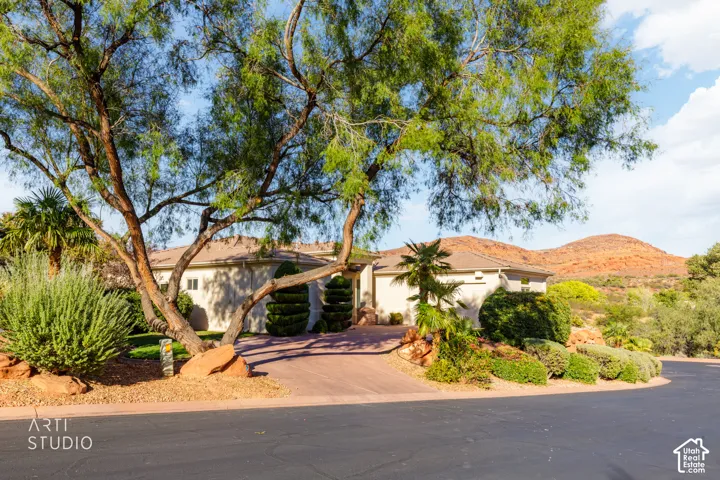 Single-level exterior featuring a stone-composite facade, concrete driveway, mature landscaping with specimen trees, and mountain backdrop