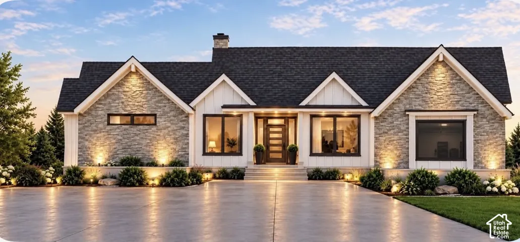 Exterior featuring stone veneer, vertical siding, gable rooflines, a multi-pane glass entry door, and a concrete driveway