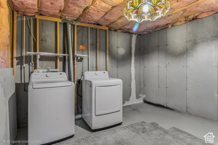 Unfinished utility space featuring exposed concrete walls, fiberglass batt insulation, and concrete flooring