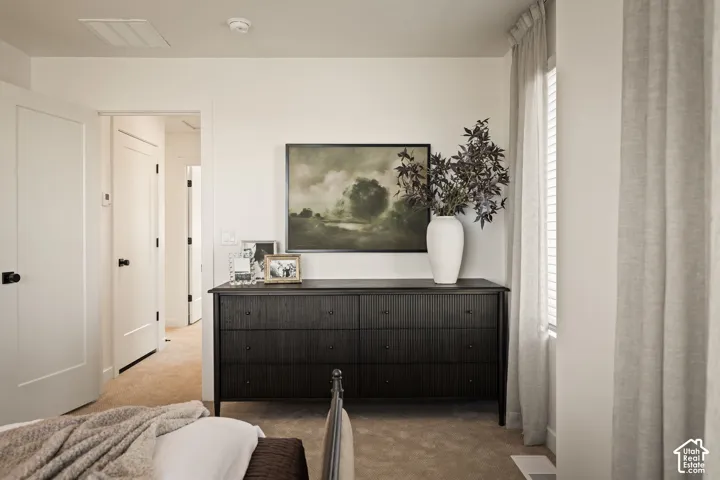 Neutral-toned interior featuring plush carpeting, solid-core shaker style doors, matte black hardware, and window coverings