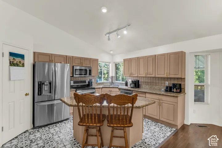 Kitchen featuring wood cabinetry, stone countertops, stainless steel appliances, a central island, and patterned tile flooring under a vaulted ceiling