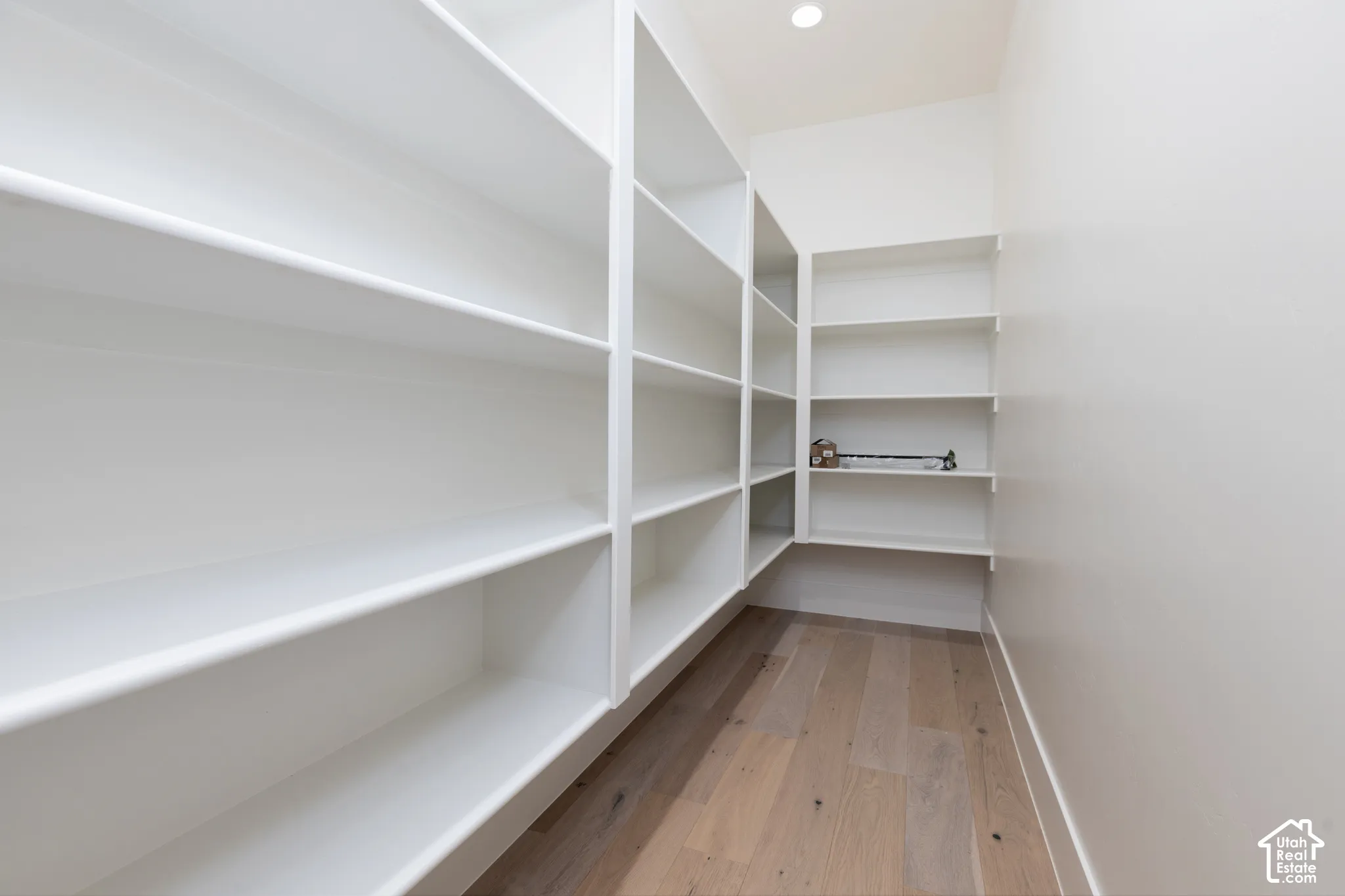Walk-in storage space featuring floor-to-ceiling built-in shelving and wood-finish flooring