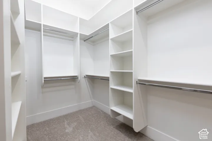 Custom white built-in shelving, multi-level hanging rods, and neutral carpeting