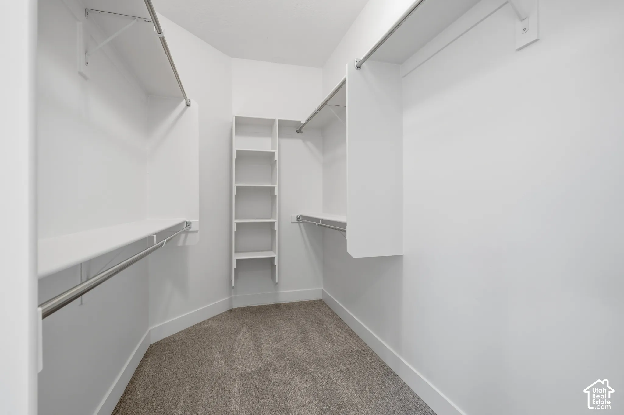 Walk-in closet featuring wall-to-wall carpeting, white built-in shelving, and dual-level metal garment rods